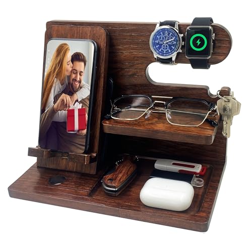 Birthday Gifts for Men Gift for Dad from Daughter Son Nightstand Organizer for Men Wood Phone Docking Station