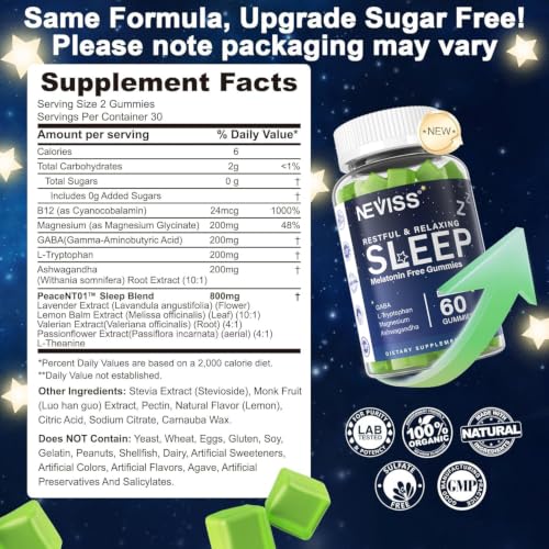 GABA, L-tryptophan, Magnesium, Ashwagandha, Non-melatonin Gummies for Men & Women, Help for Zzzs, Calm Mood & Relaxation - Non Habit-Forming