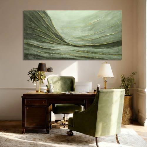 Green Abstract Canvas Wall Art with Gold Ginkgo Leaves and White Black Plum Blossom Accents Modern Nature Painting for Living Room Bedroom Office Contemporary Home Wall Decor