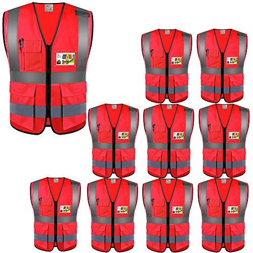 High Visibility Reflective Safety Vest with Multi Pockets 10 Pack Bulk
