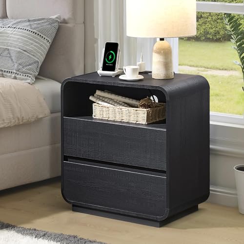 Curved Nightstand Set of 2 with Charging Station
