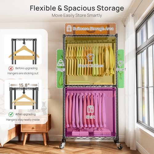 Heavy Duty Rolling Clothes Rack Wheels Portable Metal Garment Rack
