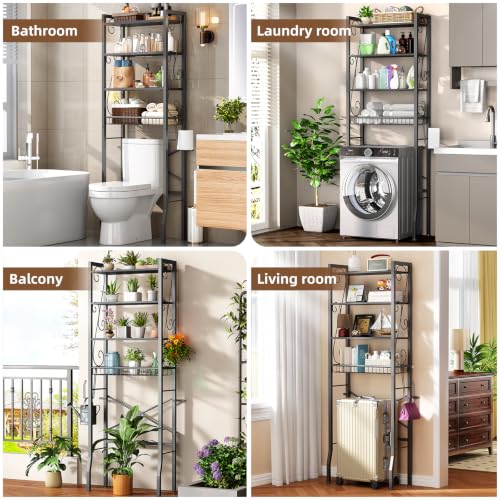 Over-The-Toilet Storage Rack 4-Tier,Bathroom Organizer Shelf Over Toilet,Adjustable Wooden Shelves and Basket,Freestanding Above Toilet Shelves,Space Saver for Rooms