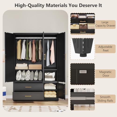 Metal Wardrobe Storage Cabinet with Hanging Rod for Bedroom