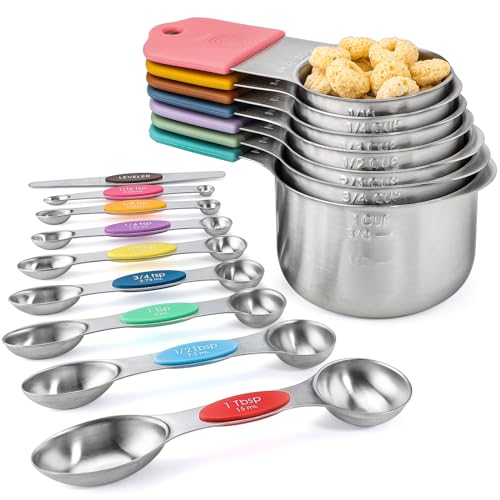 Magnetic Measuring Cups and Spoons Set Including 7 Stainless Steel Measuring Cups 8 Double Sided Magnetic Measuring Spoons Set with 1 Leveler Kitchen Measuring Tools for Cooking Baking