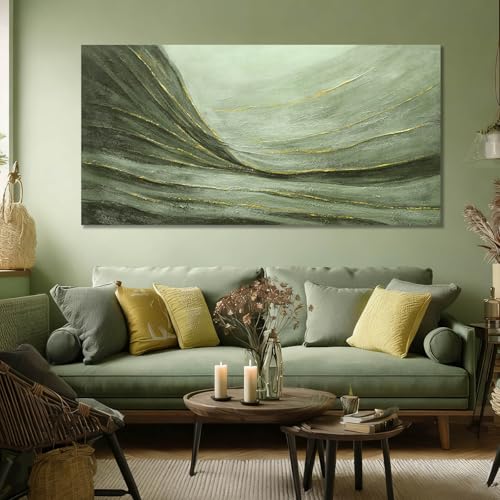 Green Abstract Canvas Wall Art with Gold Ginkgo Leaves and White Black Plum Blossom Accents Modern Nature Painting for Living Room Bedroom Office Contemporary Home Wall Decor