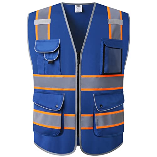 9 Pockets Class 2 High Visibility Zipper Front Safety Vest With Reflective Strips Meets ANSI