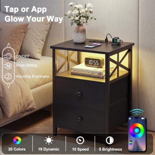 Night Stand Set of 2 with Charging Station and LED Lights