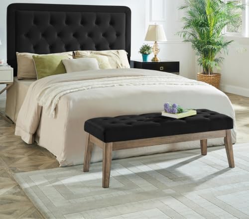 Velvet Upholstered Buttons Tufted Entryway Bench with Solid Wood Leg