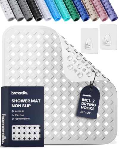 Shower Stall Mat Non Slip 21x21 Square Shower and Standing Bathtub Mat for Baby INCL. 2 Hooks for Storage Anti Slip Shower Mats with Suction Cups Soft on Feet Machine Washable Homerella