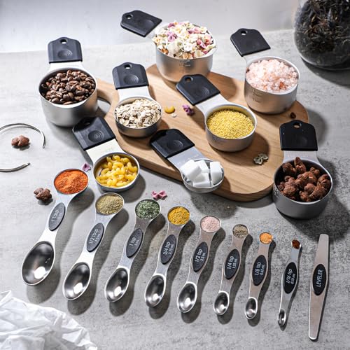 Measuring Cups and Spoons Set Including 8 Stainless Steel Magnetic Measuring Cups 8 Double Sided Magnetic Measuring Spoons with 1 Leveler for Dry and Liquid Ingredients