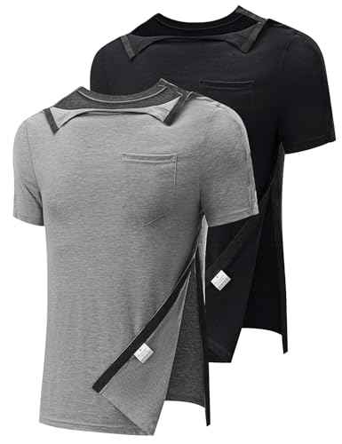 Men's Post Shoulder Surgery Recovery Shirts Full Tear Away Short Sleeve Snap Chemo Port Access Shirt