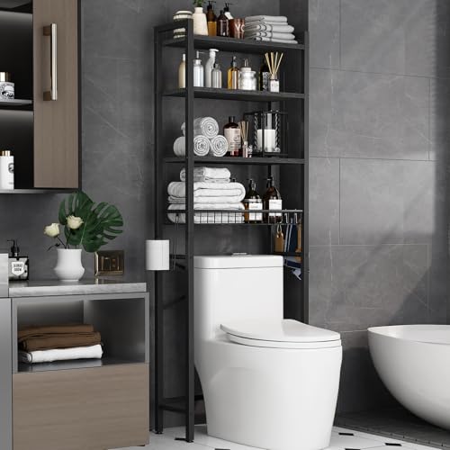 Over-The-Toilet Storage Rack, 4-Tier Bathroom Organizer Shelf Over Toilet with Adjustable Shelf and Basket, Freestanding Space Saver Bathroom Shelves Above Toilet for Room