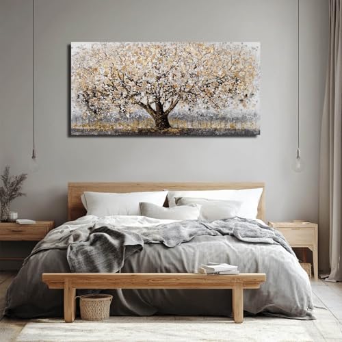 Gold Tree Wall Art Framed Canvas Pictures Sunflowers Wall Decor Beach Decorations Gold And Green Arts for Home Hotel