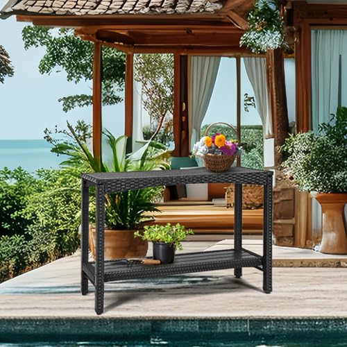 Outdoor Console Table Patio Buffet Bar Storage Organizer 45" Long Wicker Sofa Serving Sideboard Table 2