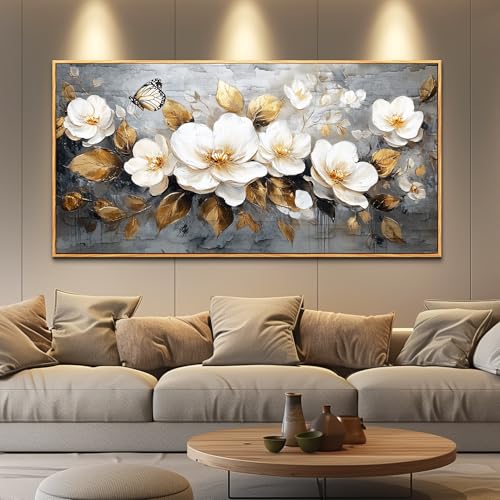 Wood Framed Canvas Wall Art for Living Room Wall Decor for Bedroom Office Wall Decoration White Flower Painting Farmhouse Pictures Artwork Room Aesthetic Home Decor 20x40 in