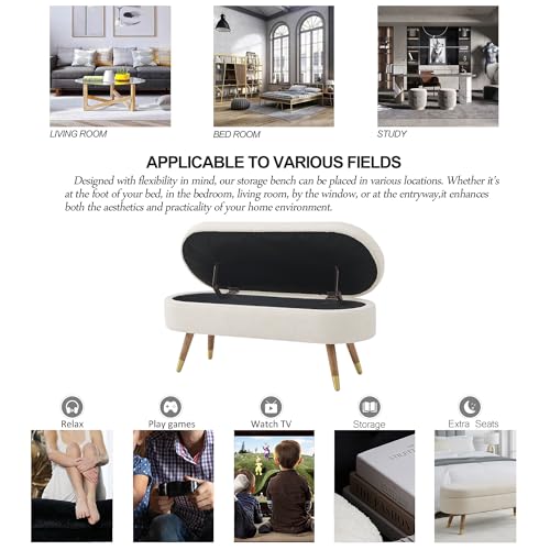 Oval Storage Bench 43.5" Linen Fabric Upholstered Entryway Bench with Solid Wood Legs Ottoman Bench Indoor Bench for Living Room
