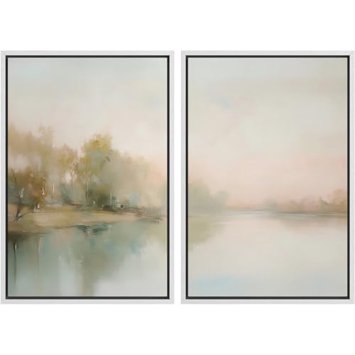 Framed Canvas Print Wall Art White Heron Pair in Marsh Coastal Illustrations Modern Art Decorative Bohemian Colorful for Living Room