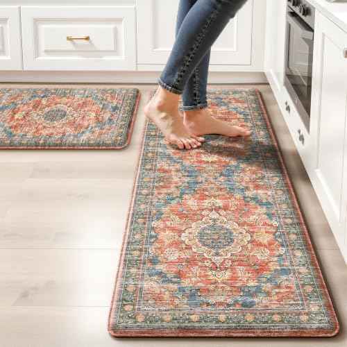 Boho Kitchen Mats for Floor 2 Piece Set Anti Fatigue Cushioned PVC Kitchen Rugs Non Slip Waterproof Farmhouse Mats 2