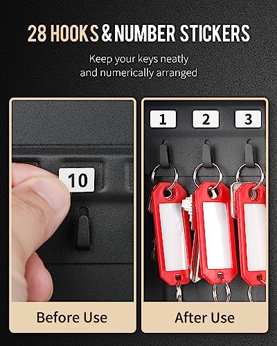 28 Key Steel Key Cabinet with Combination Lock Wall Mounted Key Organizer with Resettable Code Black Digital Security Box with Hooks and Large Key Tag Labels Identifiers in 5 Assorted Colors