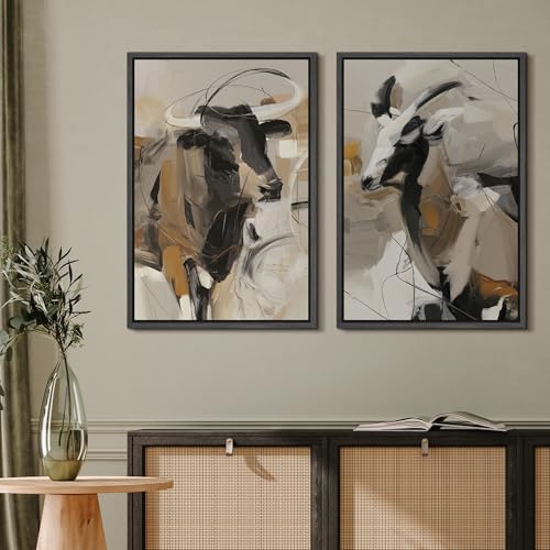 Framed Canvas Print Wall Art Modern Abstract Longhorn Cow Neutral Black Beige Western Cattle Illustrations Modern Art Decorative for Living Room