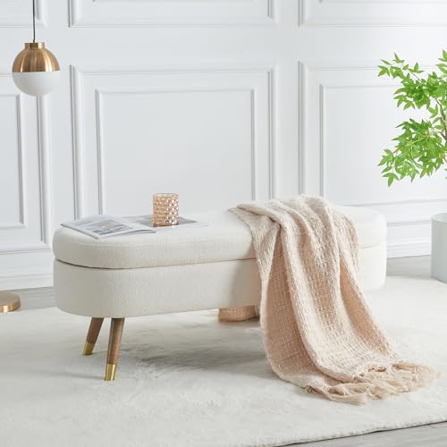 Oval Storage Bench 43.5" Linen Fabric Upholstered Entryway Bench with Solid Wood Legs Ottoman Bench Indoor Bench for Living Room
