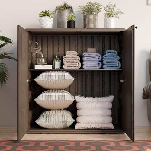Mrossa Indoor Outdoor Storage Cabinet Waterproof with 1 Shelves Resin Outdoor Cabinets for Patio