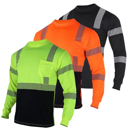 3pcs Safety T Shirts Reflective High Visibility Hi Vis Long Sleeve Construction Work Shirts for Men Class 3