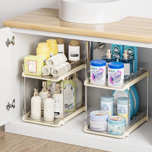 2-Tier Multi-Purpose Bathroom Under Sink Organizers and Storage, Stackable Kitchen Pantry Organization, Pull Out Medicine Cabinet Organizer with Movable Dividers