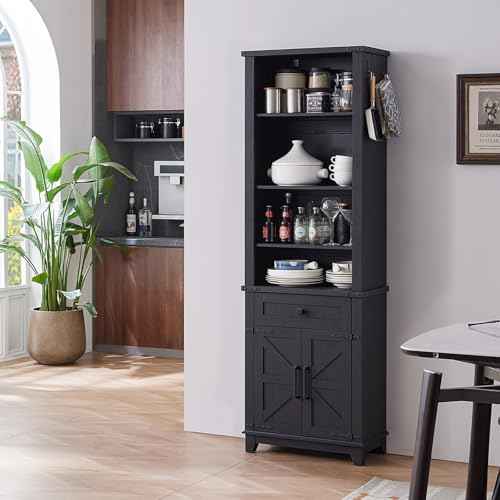 72in Tall Bookshelf 7 Tier Bookcase with Drawer and Barn Doors and Adjustable Shelves