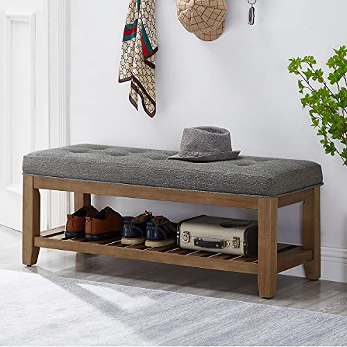Large Rectangular Upholstered Tufted Linen Ottoman Bench