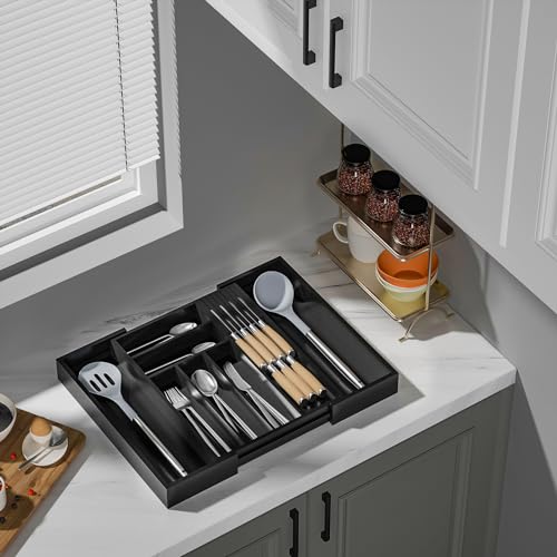 Expandable Bamboo Silverware Organizer with Knife Block