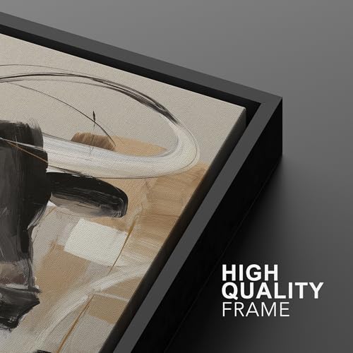 Framed Canvas Print Wall Art Modern Abstract Longhorn Cow Neutral Black Beige Western Cattle Illustrations Modern Art Decorative for Living Room