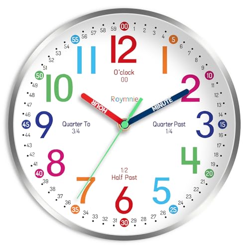 Wall Clock for Kids Learning to Tell Time Easily Clock Non Ticking Battery Operated Colorful Teaching Time Clock Decorative for Kids Room Classroom School