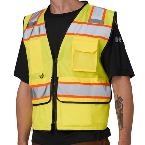High Vis Reflective Safety Vest for Men Women Zipper Ipad Pockets Mesh Construction Apparel Neon Vest for Work