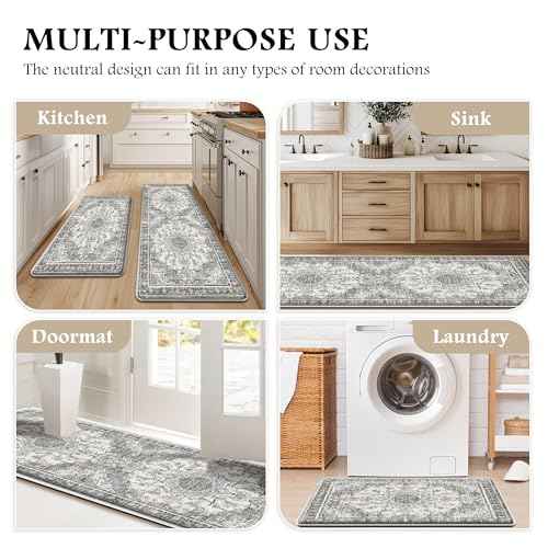 Boho Kitchen Mats for Floor 2 Piece Set Anti Fatigue Cushioned PVC Kitchen Rugs Non Slip Waterproof Farmhouse Mats 2