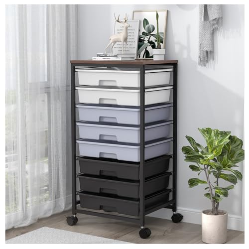 Rolling Cart with 8 Drawers and Wooden Tabletop