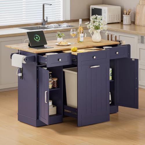 61" Kitchen Islands with Movable Wood Cutting Board & Trash Storage Cabinets