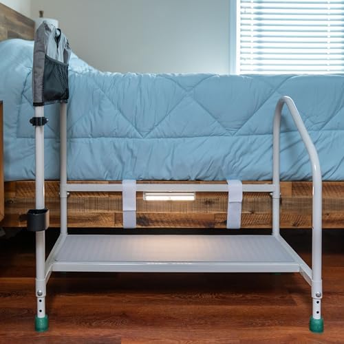Bed Rails For Elderly with Adjustable Height Bed Step Stool & LED Light for Fall Prevention