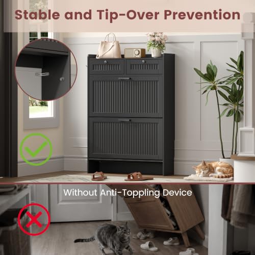 Fluted Shoe Storage Cabinet with 2 Flip Drawers & 2 Top Drawers