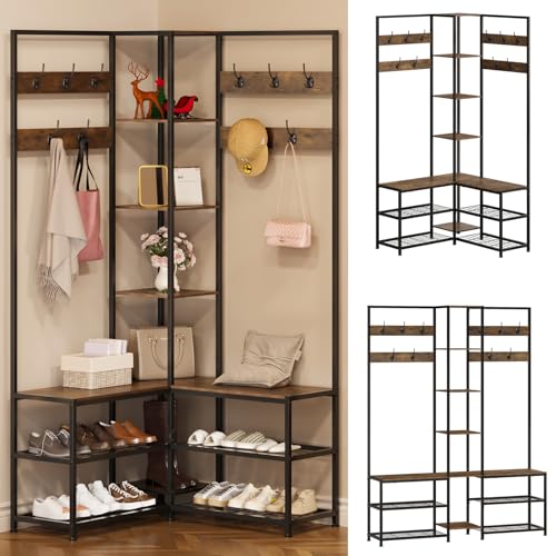 Corner Hall Tree with Shoe Rack Storage Bench Display Open Shelves Modern Industrial Entryway Coat Rack Stand for Home Living Room Mudroom Bedroom Multifuncitonal 5 in 1