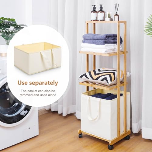 Laundry Basket 3 Tier Bamboo Storage Shelf with Wheels Removable Storage Basket with Handle Freestanding Clothes Hamper Organizer for Bathroom Living Room Bedroom