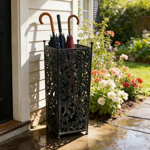 Vintage White Metal Umbrella Stand with Ornate Cutout Pattern Antique Decorative Umbrella Holder with Detachable Drip Tray for Entryway Storage Umbrellas Canes & Walking Sticks