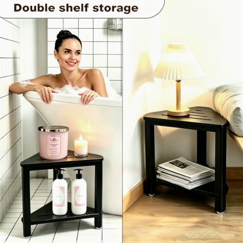 Acacia Corner Shower Stool with Storage Shelf Small Bench