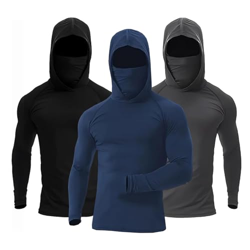 3 Pack Mens Sun Protection Fishing Hoodie with Face Mask UPF 50+ Long Sleeve Compression Work Shirt Quick Dry