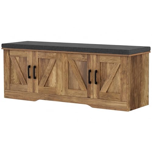 Farmhouse Shoe Storage Bench with Barn Doors & Padded Seat Cushion