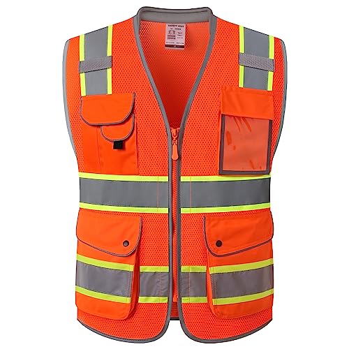 9 Pockets Class 2 High Visibility Zipper Front Safety Vest With Reflective Strips Meets ANSI
