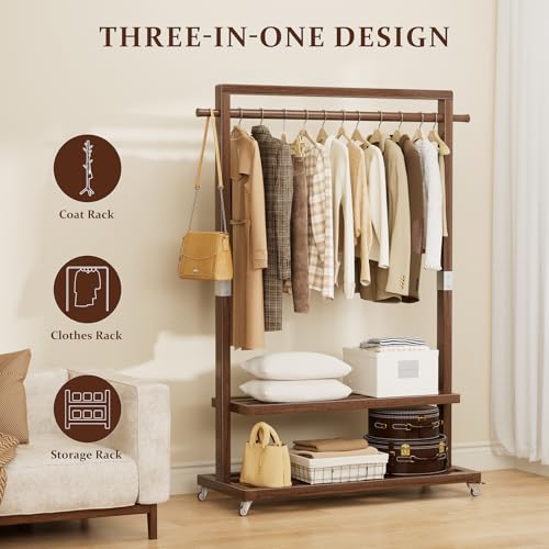 Solid Wood Clothes Rack with Wheels