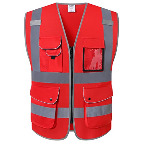 9 Pockets Class 2 High Visibility Zipper Front Safety Vest With Reflective Strips Meets ANSI