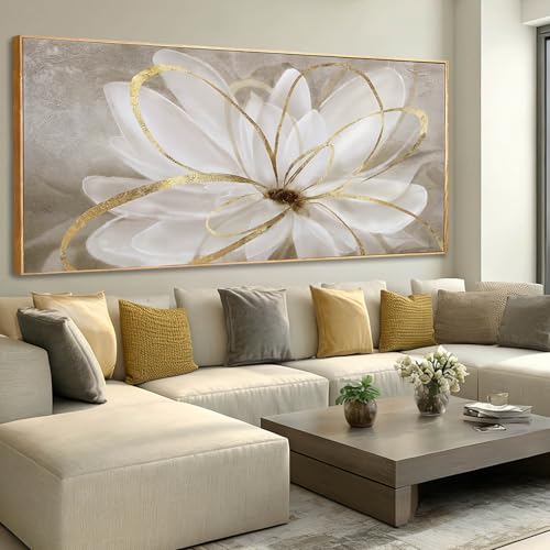 Abstract Bedroom Picture Gold Large Framed Canvas Wall Art Living Room Art Wall Decor Flower Paintings White Textured Pictures